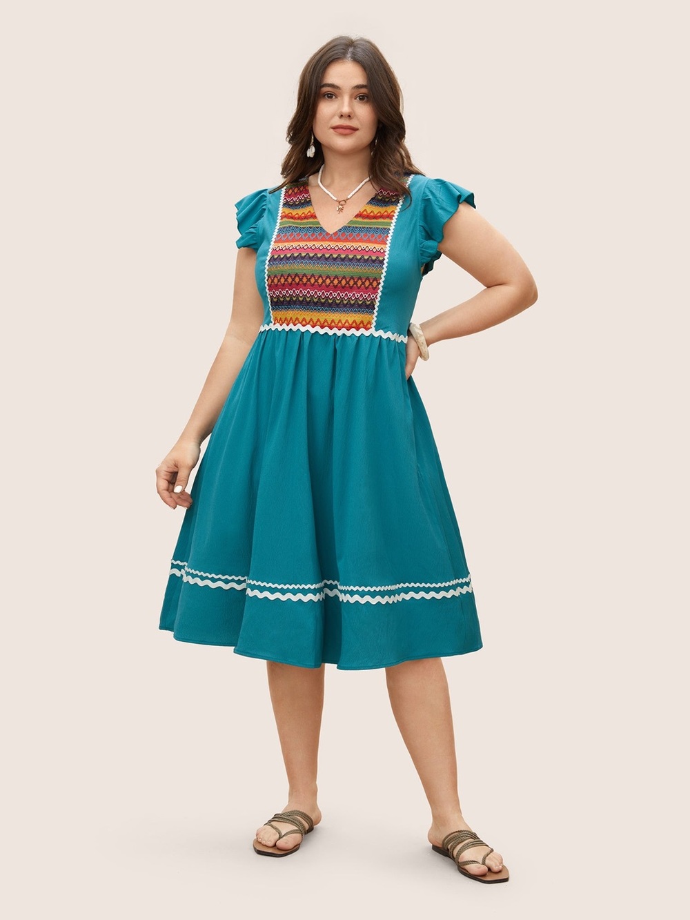 BloomChic Teal Embroidered Patchwork Flounce Sleeve Dress